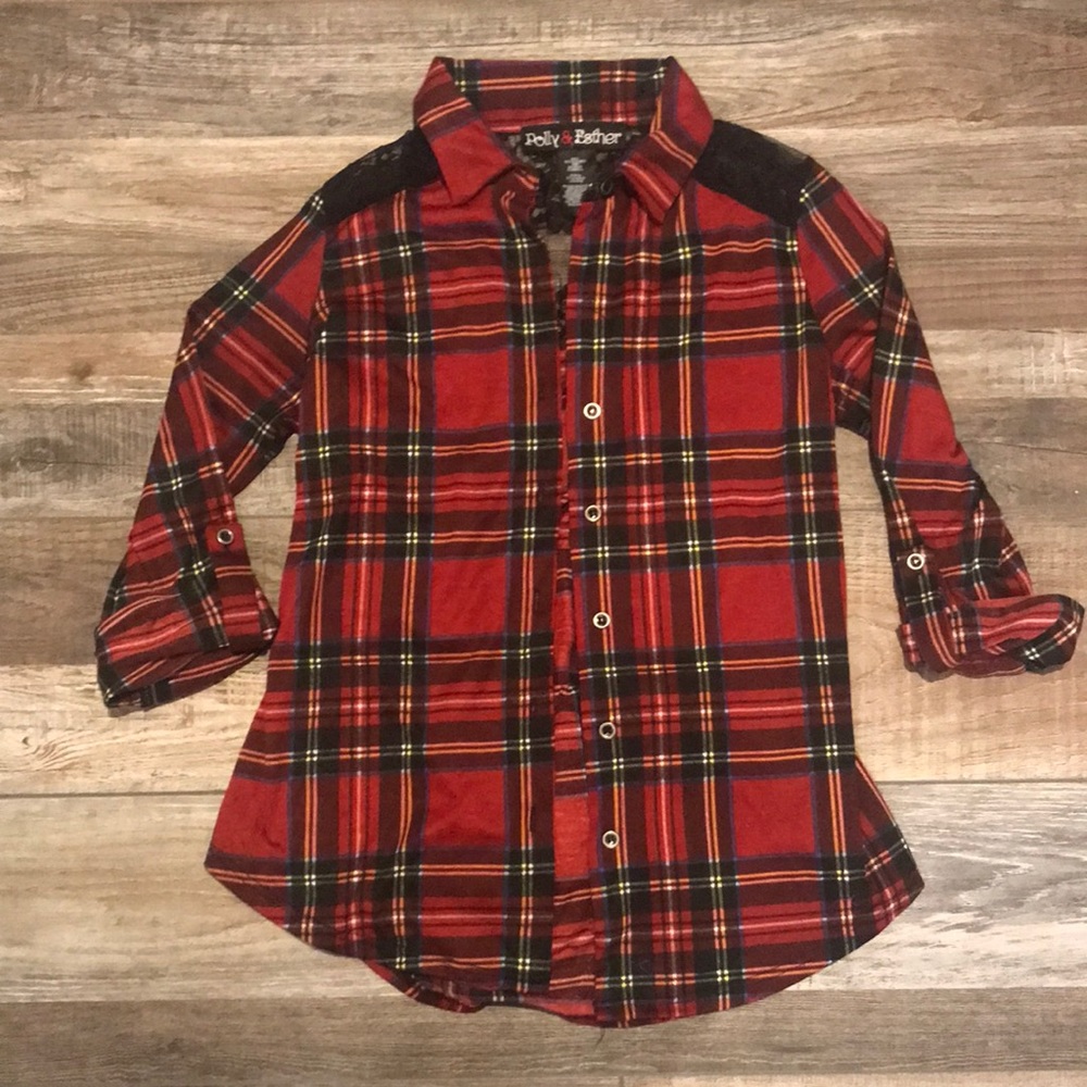 Polly & Esther flannel and lace girls shirt M